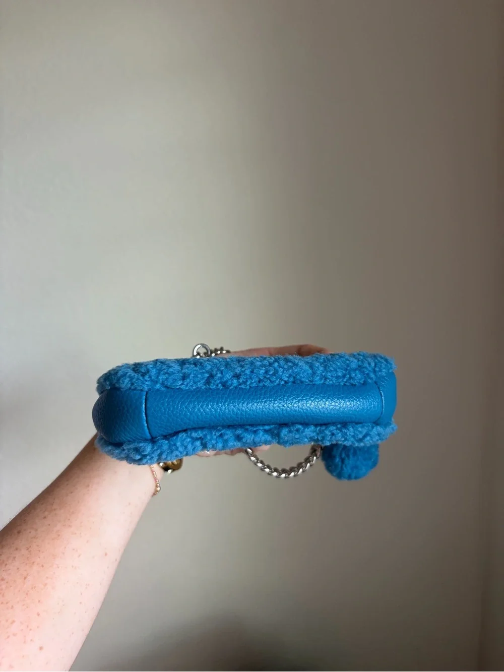 Coach Teal Blue Shearling Wristlet with Chain and Pom